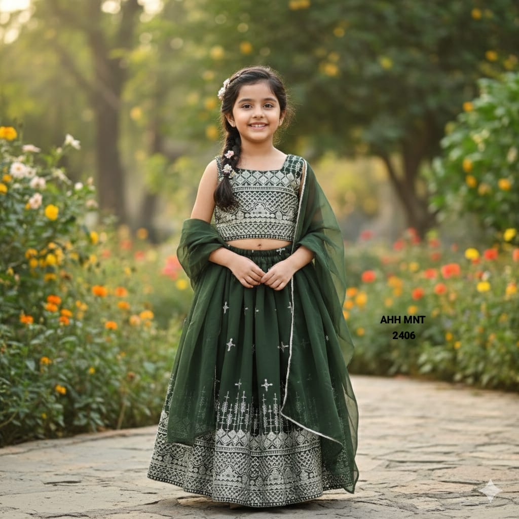 Designer Georgette Sequins Embroidered Kids Lehenga Choli Set.